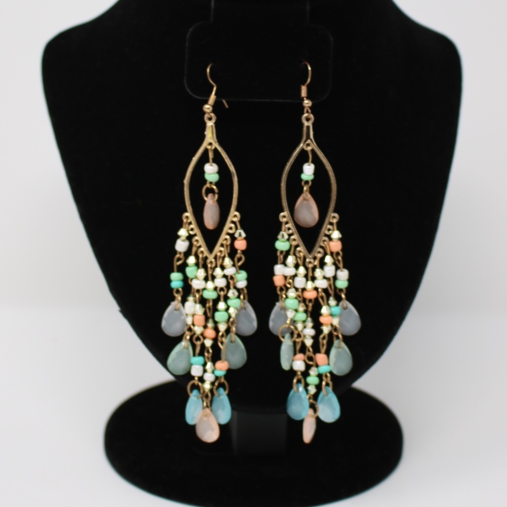 NWT Chandelier Earrings in Pastel Tones and Rose Gold Brass Setting‎ Boho